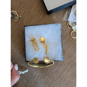 Women's Celestial Starburst Cuff Bracelet & Earrings Set Vintage Gold Tone